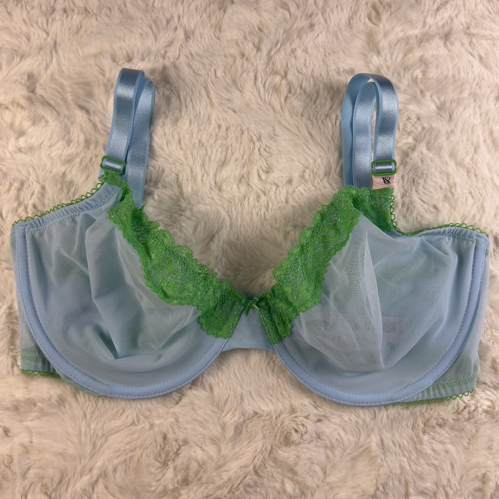 Victoria's Secret Tease Unlined Demi Bra Sky Blue Mesh Lime Green Lace‎ 38D NWT